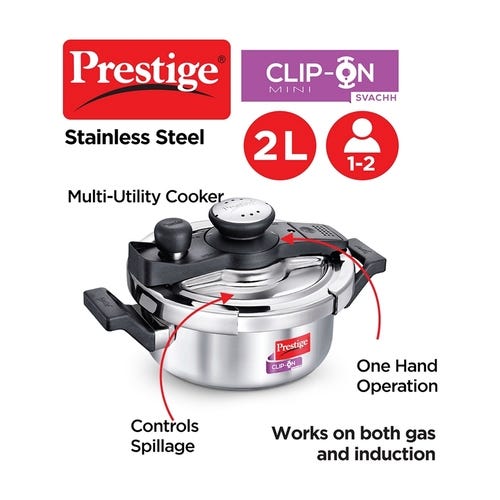 Prestige Clip-on Mini Svachh Stainless Steel Spillage Control Pressure Cooker (Silver)