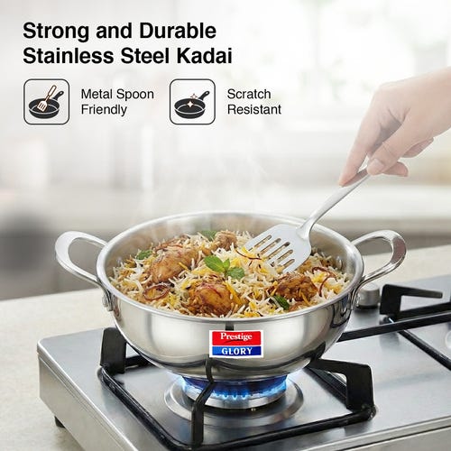 Prestige Glory Stainless Steel Cookware Kadai 22 Cm / 3.5 L With Glass Lid