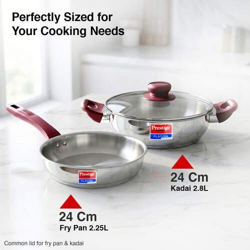 Prestige Stainless Steel 2 Pc Cookware Set with Glass Lid | Platina Popular | Fry Pan 24cm (2.25 L) | Kadai 24cm (2.8 L) | TRIPLY Base | Gas & Induction Compatible | Even Heating | 5Y Warranty | ISI