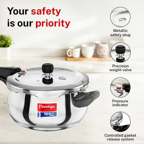 Prestige 5 Litre TRIPLY Svachh Outer Lid Pressure Cooker | Handi | Deep Lid for Spillage Control | Gas & Induction Compatible | Gasket Release System | Visual Pressure Indicator | 5Y Warranty | ISI