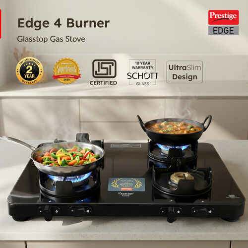 Prestige Edge PEBS 04 Manual Powder Coated with Aluminium Frame 4 Burners Gas Stove, Black