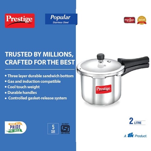 Prestige Popular Outer Lid Stainless Steel Gas and Induction Compatible Pressure Cooker, 2 L (Silver)