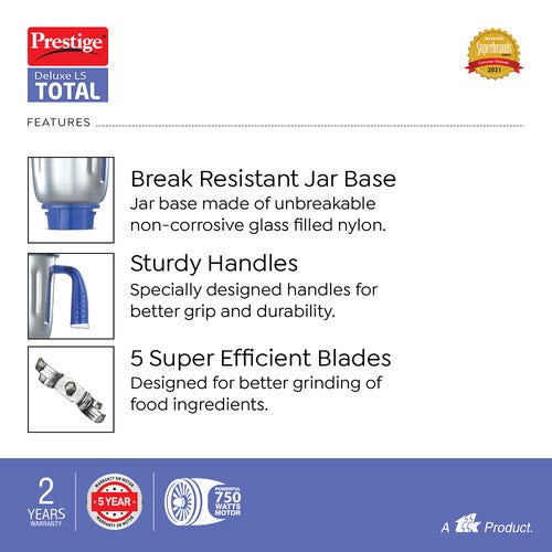 Prestige Delux LS 750 W Mixer Grinder, 5 Jars (1500 ml, 1500 ml, 300 ml) (Blue)