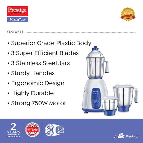 Prestige Vista Plus 750W Mixer Grinder with 3 Stainless Steel Jars(White & Blue, Superior Grade Plastic Body, Wet jar-1550ml, Dry Jar-1300ml, Chutney Jar-480ml)