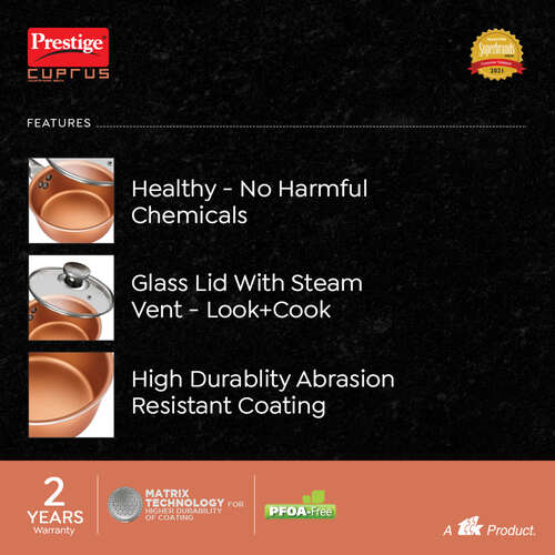 Prestige Cuprus Aluminium Gas and Induction Compatible Non-Stick Sauce Pan with Glass Lid, 16 cm, 1.1 L (Copper)