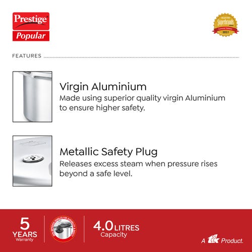 Prestige Popular Virgin Aluminium Precision Weight Valve Pressure Cooker, 4 L (Silver)