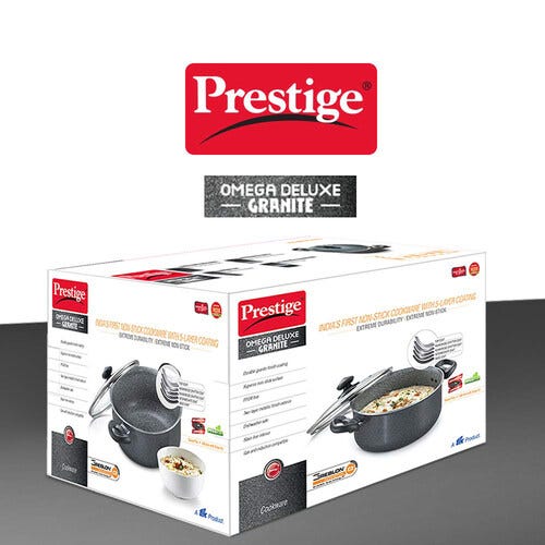 Prestige Omega Deluxe Granite Non-stick Round Base Sauce Pan with Glass Lid (Black)