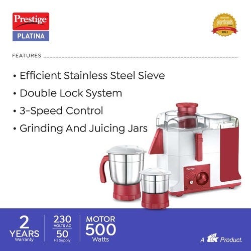 Prestige 550 Watts Platina Juicer Mixer Grinder with 3 Jars (2 Stainless Steel Jars + 1 Juicer Jar)| Detachable Pulp Collector| Stainless Steel Sieve| Double Lock System