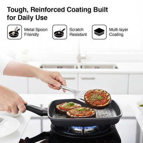 Prestige Omega Die Cast + Aluminium Non-Stick Square Grill Pan 24cm 3-Layer Easy Release Coating|Thick 5.5 mm Base|Induction Base|Die-Cast Body|Black