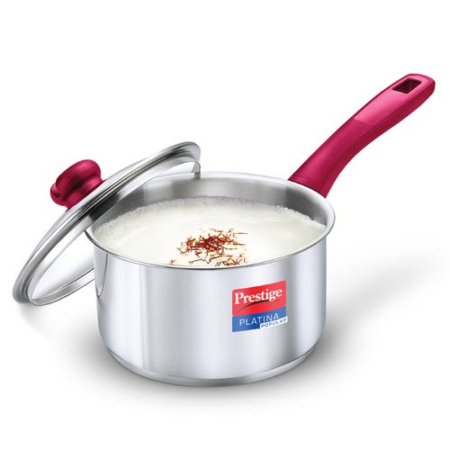 Prestige Platina Popular Stainless Steel Unique Impact Forged Bottom Sauce Pan with Glass Lid, 20cm (3 L) (Silver)