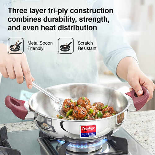 Prestige Platina Popular Stainless Steel Unique Impact Forged Bottom Kadai with Toughened Glass Lid, 26cm (3.8 L) (Silver)