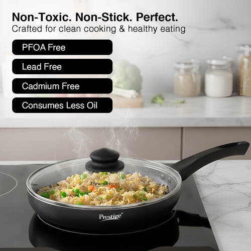 Prestige Omega Deluxe Granite Non-stick Round Base Fry Pan with Glass Lid, 26cm, 2.1L (Black)