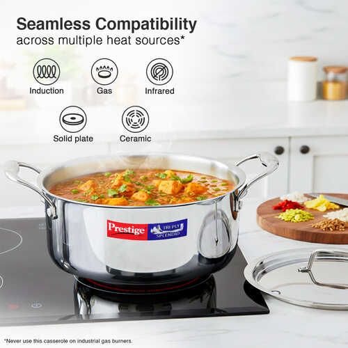 Prestige 28cm/7.2L Tri-Ply Stainless Steel Splendid Casserole| Gas and Induction Compatible |Even Heat Distribution| Thick Gauge Tri-Ply Body| Perma Cool Handles|15 Year Warranty