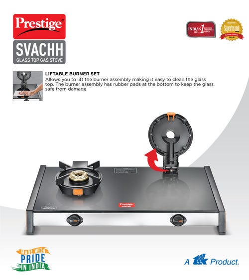 Prestige Svachh Glass Top Gas Stove GTSV | Liftable Burners | Ergonomic Knobs