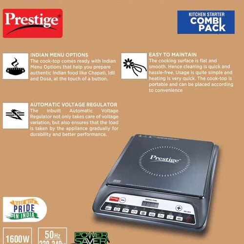 Prestige Aluminium Kitchen Starter Combi Pack (Induction Cooktop PIC 20.0 & Induction Bottom 3 Pc Cookware Set)