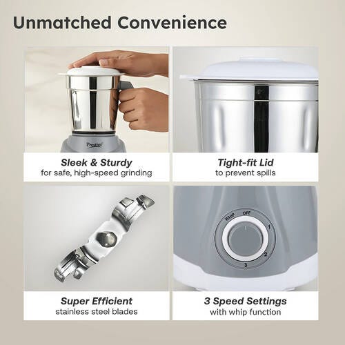 Prestige Classic 500 W Juicer Mixer Grinder (Atlas Classic | 3 Jars | with Flow Breaker Design | White, Grey)
