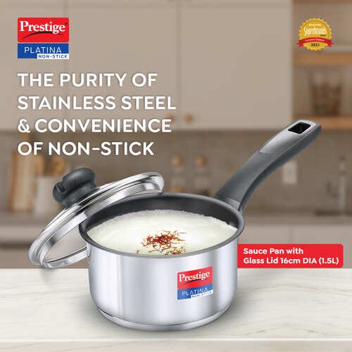 Prestige Platina Non-stick Stainless Steel Round Base Sauce Pan with Glass Lid, 16cm, 1.5L (Silver)