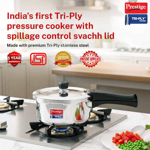 Prestige Svachh Triply Outer Lid Pressure Cooker with Unique Deep Lid for Spillage Control, 2 Litre, Silver
