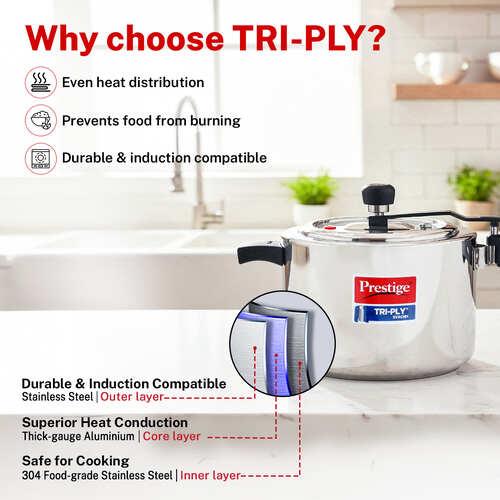 Prestige 3.5 L Tri-Ply Svachh Inner Lid Pressure Cooker| Gas and Induction Compatible| Spillage Control| Even Heat Distribution| Low Cooking Oil| Faster Cooking| 5 Years Warranty| Silver