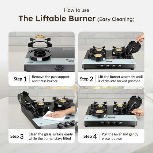 Prestige Svachh Duo Toughened Glasstop Gas Stove with Liftable 4 Burners (Black) - GTSD 04 SQ