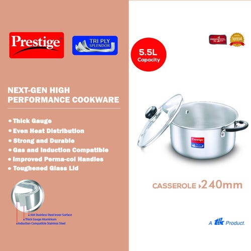 Prestige 24cm/5.5L Tri-Ply Stainless Steel Splendor Casserole with Glass Lid|Gas and Induction Compatible| Even Heat Distribution|Strong and Durable| Perma-Cool Handles| Lifetime Warranty