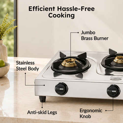 Prestige Prime Jumbo 3B L.P Gas Table|Tri-Pin Burners|Spill-Proof Design Stainless Steel Manual Gas Stove (3 Burners)