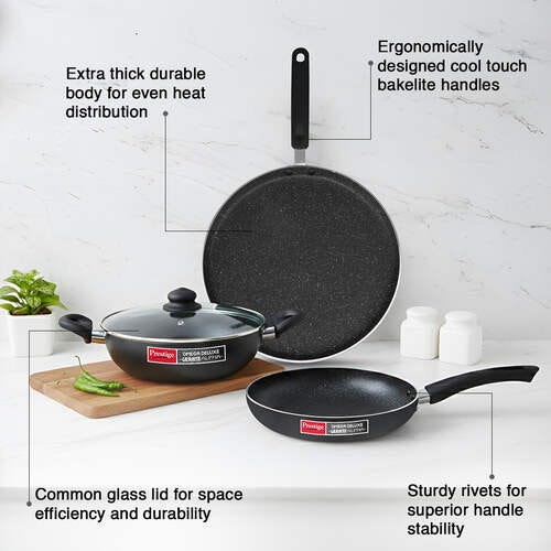 Prestige Omega Deluxe Granite Alpha 3 Piece BYK Non-Stick Cookware Set| Kadai 24cm with Glass Lid, Omni Tawa 28cm and Fry Pan 24cm| Gas and Induction Compatible| 5 Layer Non-Stick Coating