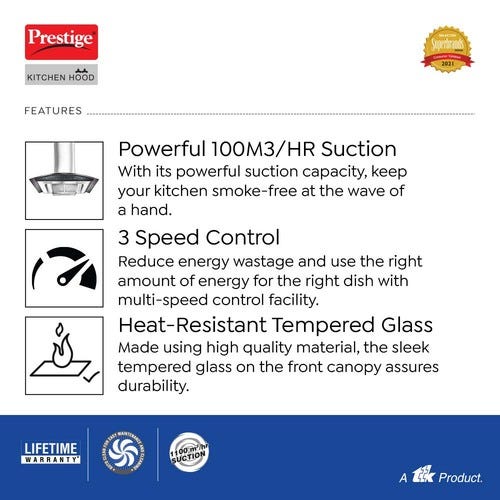 Prestige Oscar 900 KitchenHood - Baffle Filter - Powerful Suction - 1000m3/hr