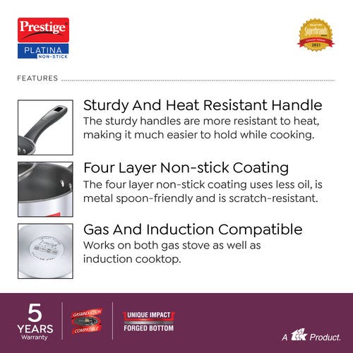 Prestige Platina Non-stick Stainless Steel Round Base Sauce Pan with Glass Lid, 14cm, 1L (Silver)