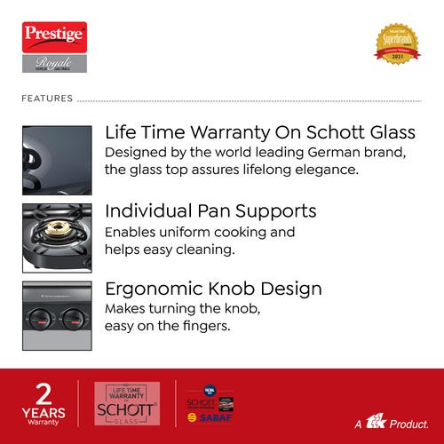 Prestige Royale Duplex Schott Glass Top Gas Stove (4 Burners) - DGT 04 (Black)