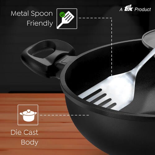 Omega Die-Cast Plus Aluminium Non-Stick Kadai with Glass Lid