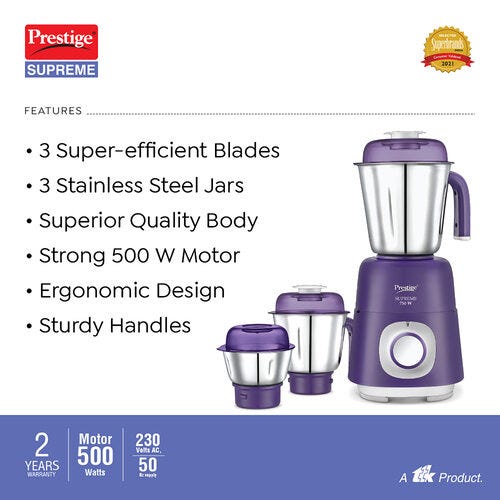 Prestige 750 Watts Supreme Mixer Grinder with 3 Stainless Steel Jars| Sturdy Handles| Durable Body| Purple