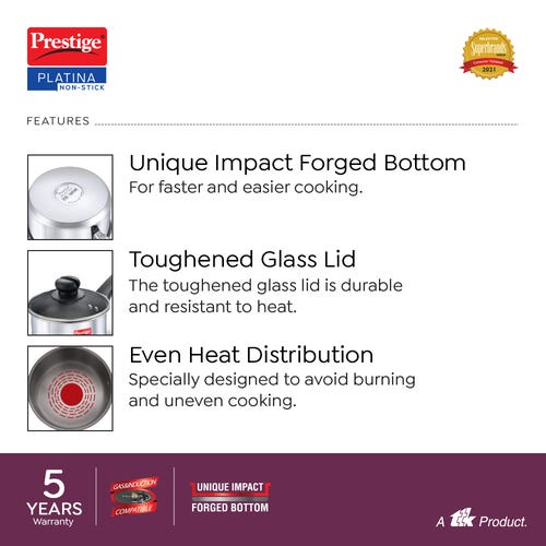 Prestige Platina Non-stick Stainless Steel Round Base Sauce Pan with Glass Lid, 14cm, 1L (Silver)