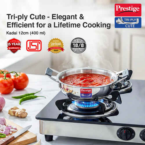 Prestige 12cm/400ml Tri-Ply Stainless Steel Cute Kadai|Gas & Induction Compatible| Even Heat Distribution|Perma-Cool Handles|Thick Gauge|Life Time Warranty