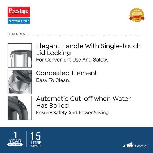 Prestige PKSS 1.5 Stainless Steel Electric Kettle 1.5 L, (Silver & Black)