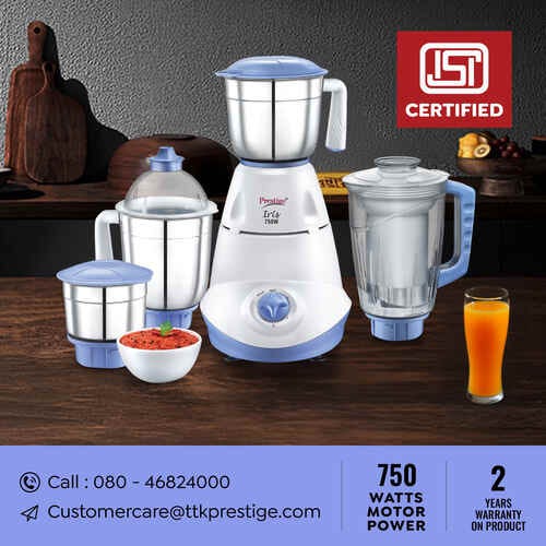 Prestige Iris 750 Watt Mixer Grinder with 4 Jars (3 Stainless Steel + 1 Juicer) | Super Efficient SS Blades | White | 2Y Warranty | ISI Certified
