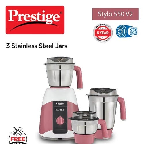 Prestige 550 Watts Stylo V2 Mixer Grinder with 3 Stainless Steel Jar| Ergonomic Design| See-Through Lids|Sturdy Handles| Durable Body| Red and White