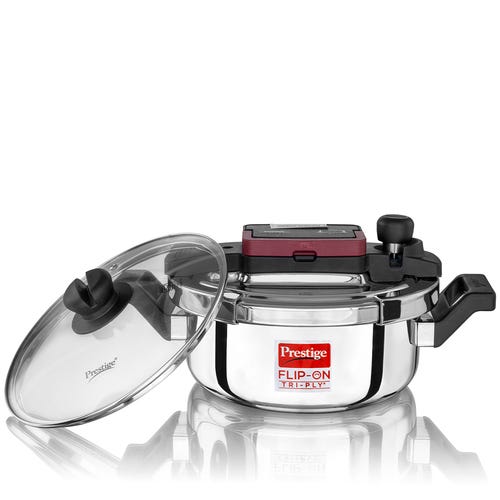 PRESTIGE FLIP-ON TRI-PLY STAINLESS STEEL PRESSURE COOKER 3 L 220m WITH GLASS L|D