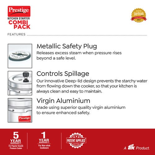 Prestige Kitchen Starter Pack (Popular Svachh 3 Ltr + 2 Ltr Body without Lid + Fry Pan 18Cm + Tawa 25Cm)