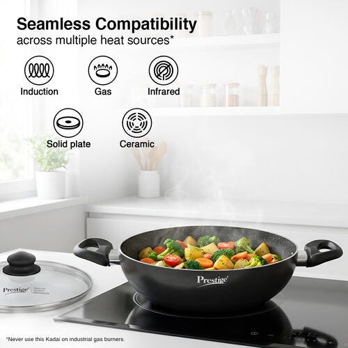 Prestige Omega Deluxe Granite Non-stick Kadai with Glass Lid, 24cm, 2.4 L (Black)