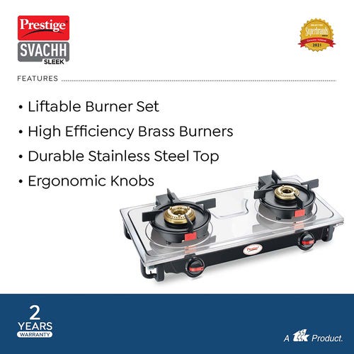 PRESTIGE SLEEK SVACHH GAS STOVE (WITH STAINLESS STEEL TOP AND 2 UNIT BRASS BURNER)