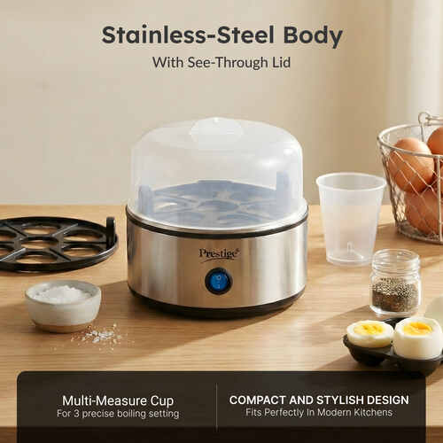 Prestige PEB 01 Egg Boiler (7 Egg Capacity)| 3 Boiling Modes| Auto- Switch Off| Stainless Steel Body|One Touch Operation| Customizable Boiling Level| Measuring Cup Inside| 7 Eggs at a Time|Silver