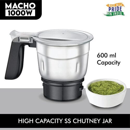 Prestige 1000 Watts Macho Mixer Grinder with 4 Jars (3 Stainless Steel Jars + 1 Juicer Jar)|Advance Lid Lock Mechanism| Stainless Steel Body| Silver & Black