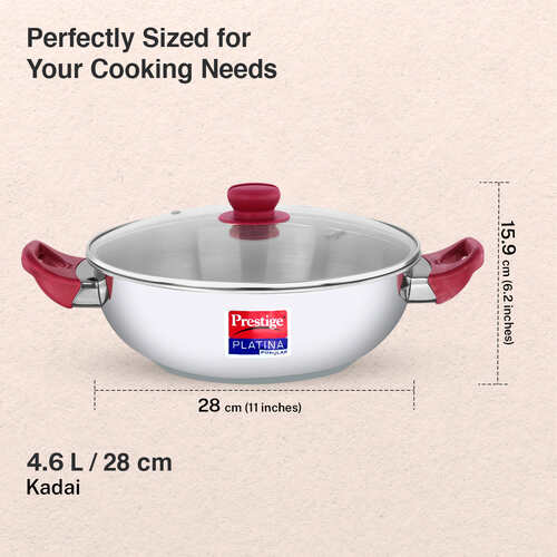 Prestige Platina Popular Stainless Steel Unique Impact Forged Bottom Kadai with Toughened Glass Lid, 28cm (4.6 L)  (Silver)