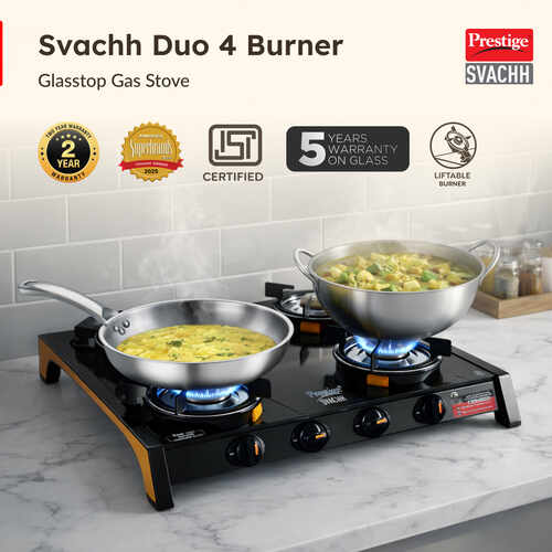 Prestige Svachh Glass Top Gas Stove (4 Burners) with Liftable Burners - GTSB-04