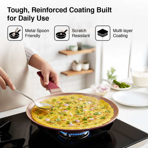 Prestige 27cm Omega Die-Cast Non-Stick Omni Tawa | 3-Layer Coating | Die-Cast Body | Metal Spoon Friendly | Heavy Base | Pink