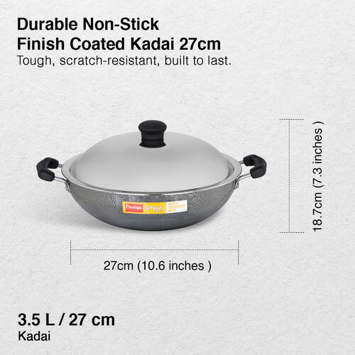 Prestige Omega Select Plus Aluminium Flat Base Non-Stick Coating Kadai with SS Lid, 27cm (Black)