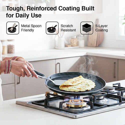 Prestige Omega Granite Non-stick Dosa Tawa 30cm | 5-Layer Coating | Gas & Induction Compatible | PFOA Free | Metal Spoon Friendly | Sturdy Handle | Dishwasher Safe | 2Y Warranty | ISI Certified