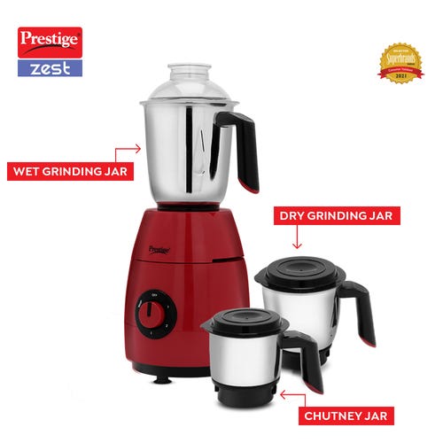 Prestige 750 Watts Zest Mixer Grinder with 3 Stainless Steel Jars| Elegant Design| Sturdy Handles| Red and Black