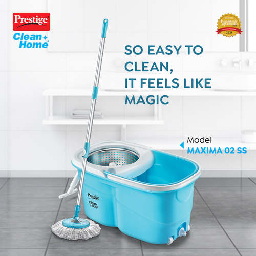 Prestige CleanHome Maxima 02 SS Magic Mop with 2 Mop-heads and Twin Buckets (Blue)